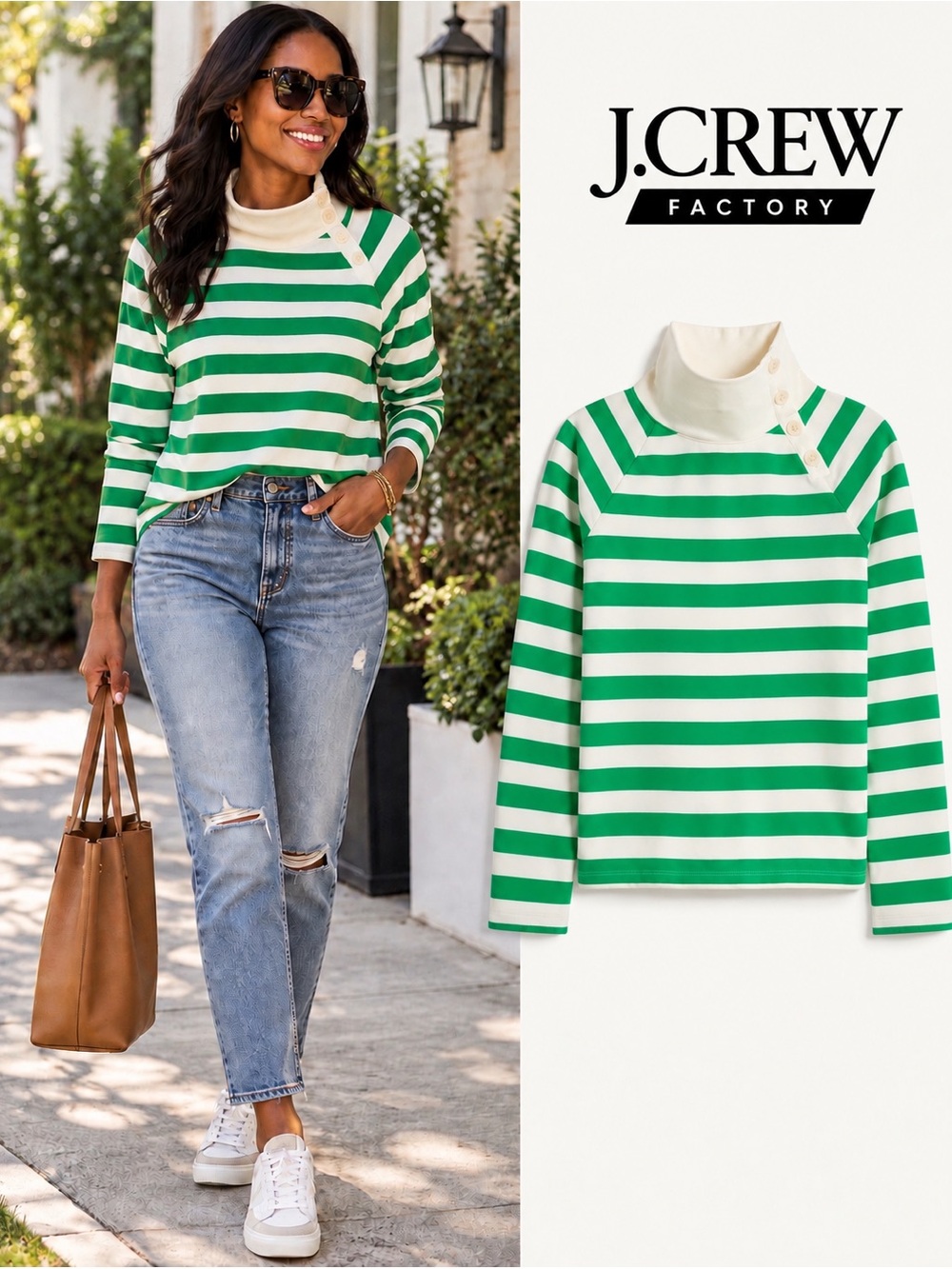 J. Crew Kelly Green Striped Wide Button-Collar Pullover Sweatshirt